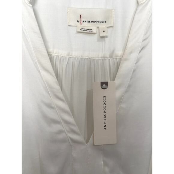 NWT Anthropologie Sz M White Silky Tie Waist Cropped Blouse Smocked French Cuff - Picture 4 of 10